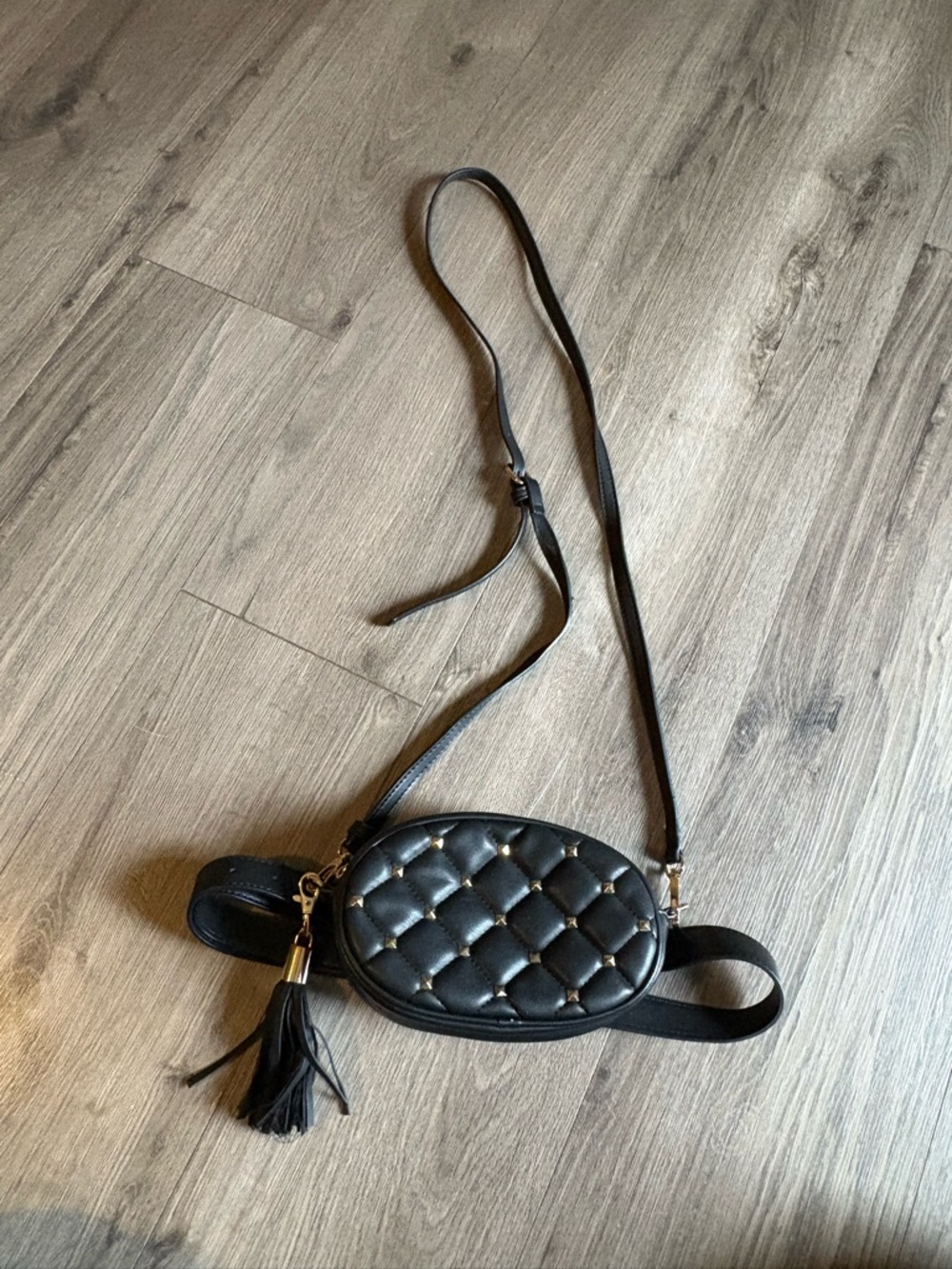 Quilted Black Crossbody Belt Bag with Tassel